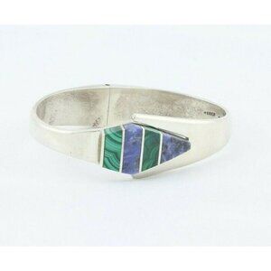 Sterling Silver Malachite and Sodalite Cuff Bracelet 7 inch Opens and Closes